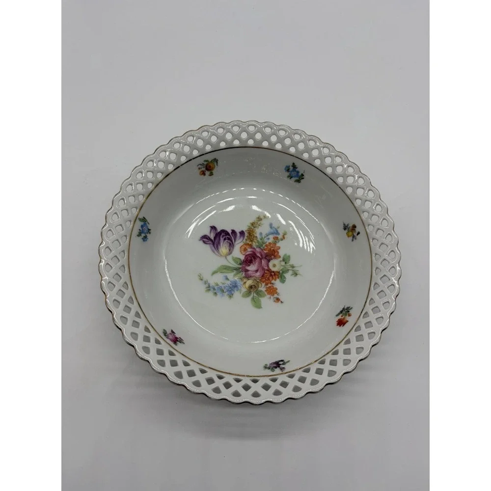 Vtg Schumann Reticulated‎ Dresden Flowers Porcelain Bowl 9